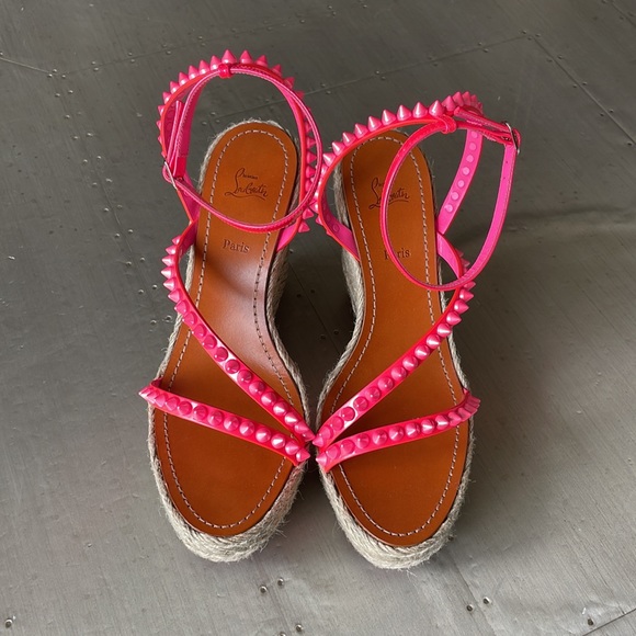 Christian louboutin mafaldina 120mm wedge espadrille pink neon sandal sz 39 - Picture 4 of 13